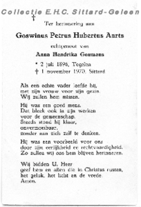  Aarts, Goswinus Petrus Hubertus: geboren op 2 juli 1896 te Tegelen, overleden op 1 november 1970
